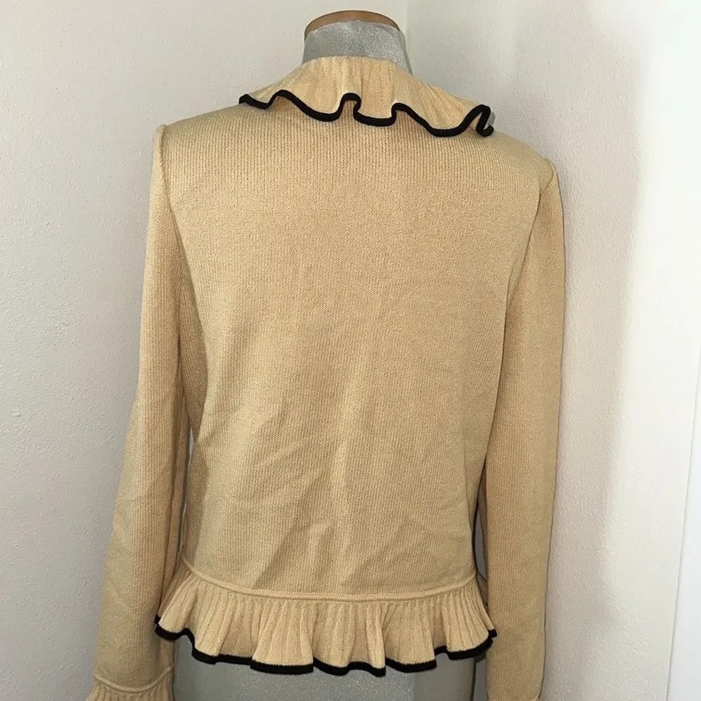 St John yellow black ruffle knit cardigan sweater 6_2